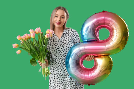 Young woman with hearing aid holding tulips and balloon in shape of figure 8 and on green...