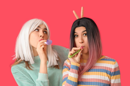 Beautiful young women in wigs with party whistles on red background. April Fools Day celebrationの写真素材