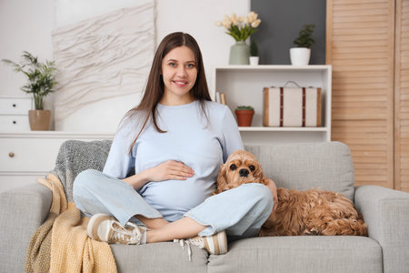 Beautiful pregnant woman with cocker spaniel sitting on sofa at home