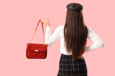 Beautiful young Asian woman with stylish bag on pink background, back viewの写真素材