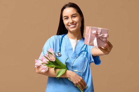 Female doctor with pink tulips and gift box on beige background. Women's Day celebrationの写真素材
