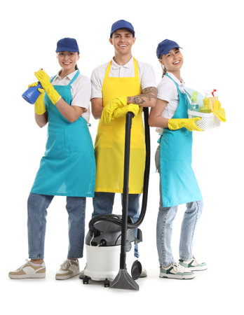 Workers of cleaning service with supplies on white backgroundの写真素材
