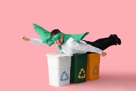 Young man dressed as eco superhero flying with garbage bins on pink background. Ecology concept