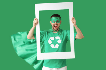 Young man dressed as eco superhero holding photo frame on green background. Ecology conceptの写真素材