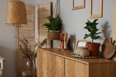 Interior of light living room with drum on commode