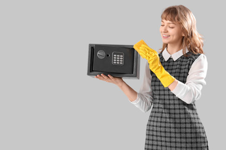Beautiful young happy woman with safe box and sponge on gray background