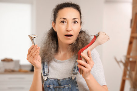 Shocked female shoemaker with broken heel in workshopの写真素材