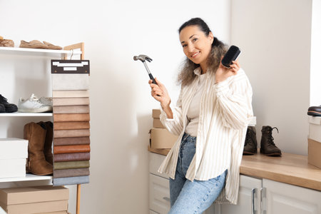 Female shoemaker with hammer and sponge in workshopの写真素材