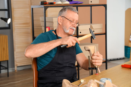 Mature shoemaker repairing broken heel at table in workshopの写真素材