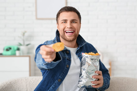Handsome happy young man with tasty potato chips at home