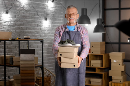 Mature shoemaker with shoe boxes in workshop