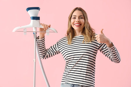 Pretty young woman with modern garment steamer showing thumb-up on pink backgroundの写真素材