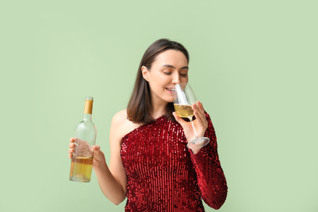 Beautiful young woman with glass and bottle of white wine on green backgroundの写真素材