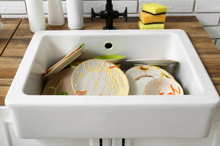 Ceramic sink with dirty dishes in kitchenの写真素材