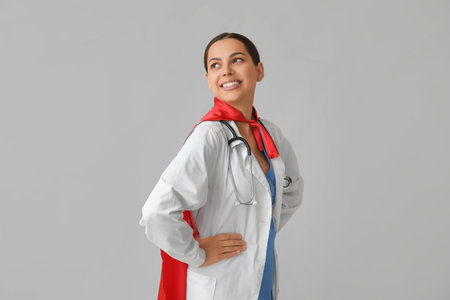 Beautiful female doctor in superhero costume on white backgroundの写真素材