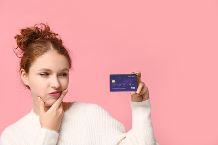 Thoughtful young woman with credit card on pink backgroundの写真素材