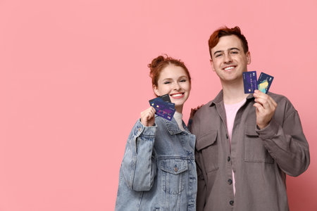 Young couple with credit cards on pink backgroundの写真素材