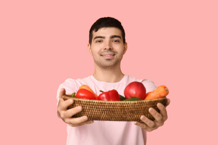 Young man with basket of food rich in vitamin A on pink backgroundの写真素材
