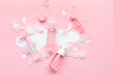 Bottles of different skin care cosmetic products with foam on pink backgroundの写真素材