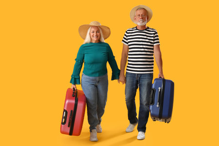 Senior couple with suitcases on yellow backgroundの写真素材