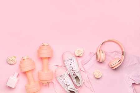 Stylish female shoes, dumbbells and clothes on pink backgroundの写真素材