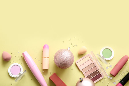 Composition with decorative cosmetics and pink Christmas balls on light yellow backgroundの写真素材