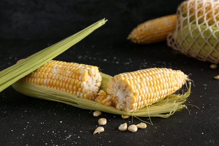 Cut fresh corn cob on black background