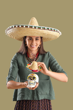 Beautiful woman in sombrero hat and with painted skull on green backgroundの写真素材