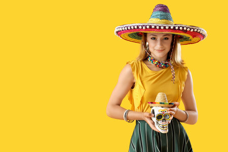 Pretty young woman in sombrero with decorative human skull on yellow backgroundの写真素材