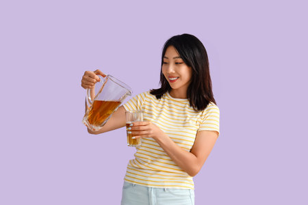 Beautiful Asian woman pouring juice into glass on lilac background