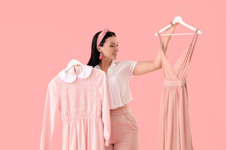 Beautiful young woman choosing dress on pink backgroundの写真素材