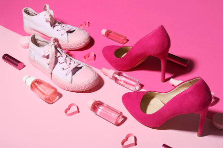 Composition with stylish female shoes, cosmetics and paper hearts on pink backgroundの写真素材