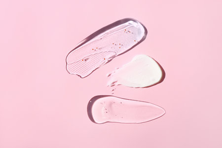 Samples of cosmetic cream, scrub and gel on pink backgroundの写真素材