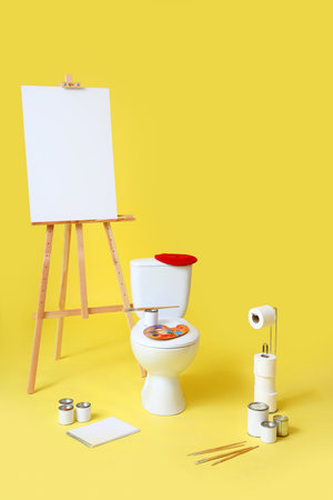 Toilet bowl with beret, paints and easel on yellow background