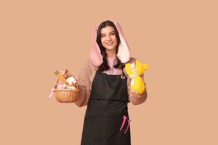 Happy female hairdresser in bunny ears with Easter basket and chocolate egg on brown backgroundの写真素材