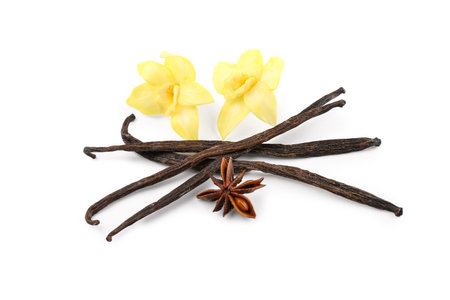 Aromatic vanilla sticks and flowers isolated on white background