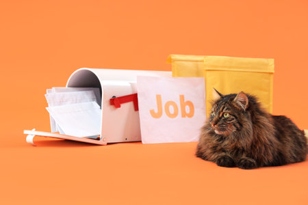 Cute cat, mailbox, letters and parcels on color backgroundの写真素材
