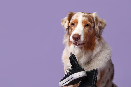Cute Australian Shepherd dog holding sneakers on purple backgroundの写真素材