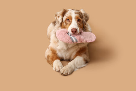 Cute Australian Shepherd dog lying and holding slipper on beige backgroundの写真素材