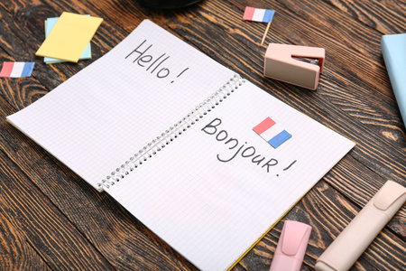 Notebook with text HELLO, BONJOUR and stationery on wooden backgroundの写真素材