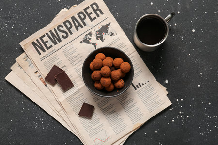 Bowl with tasty chocolate truffles, newspaper and mug of tea on black backgroundの写真素材