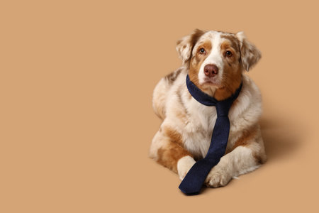 Adorable Australian Shepherd dog with tie lying on beige backgroundの写真素材