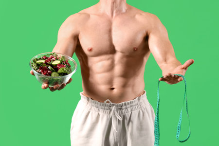 Male bodybuilder with tape measure and salad on green background, closeupの写真素材