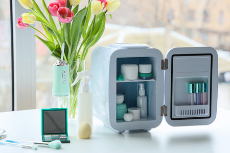 Small cosmetic refrigerator on table near windowの写真素材