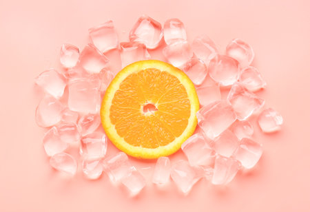 Orange slice with ice cubes on pink backgroundの写真素材