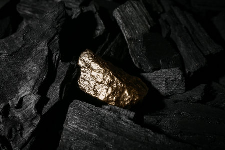 Golden nugget on black charcoalの写真素材