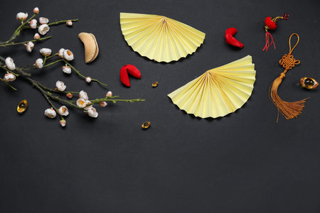 Composition with Chinese symbols, sakura branch and fortune cookies on dark background. New Year celebrationの写真素材