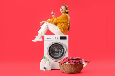 Pretty young woman sitting on washing machine and listening to music against red backgroundの写真素材