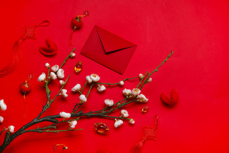 Composition with blooming sakura branch, envelope and Chinese symbols on red background. New Year celebrationの写真素材