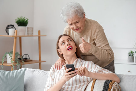 Young woman with her grandmother using mobile phone at homeの写真素材